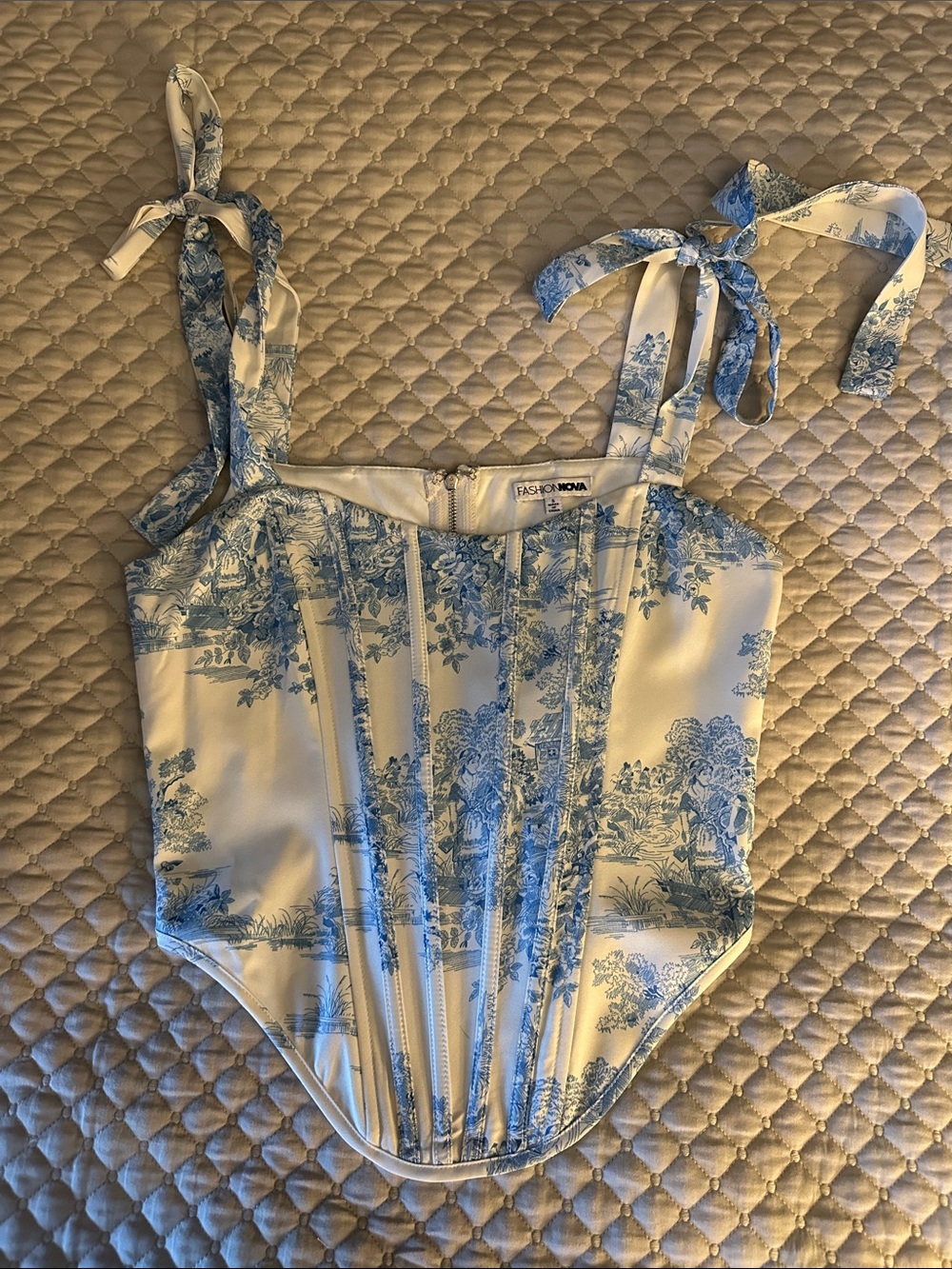 Fashion Nova Cream and Blue Toile Tie-Shoulder Corset